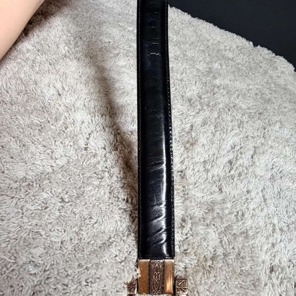 Brighton Vtg 1996 Black Leather Toggle Belt Western. Mixed Metal Ornate L 20603